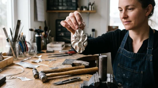 A metalsmith holds a sculptural hollow-formed silver pendant up to the light in a studio, with forming hammers and silver sheet on the workbench below.