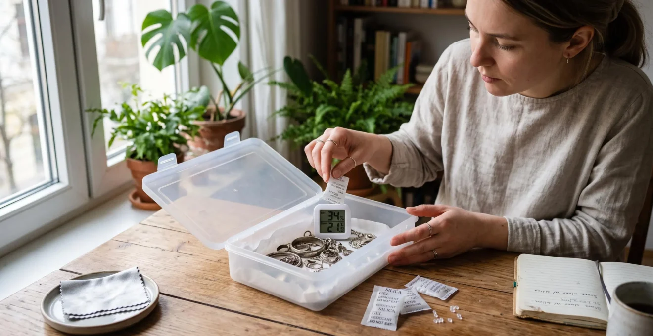 Hands placing a silica gel packet into a jewelry storage box equipped with a digital hygrometer and silver pieces.