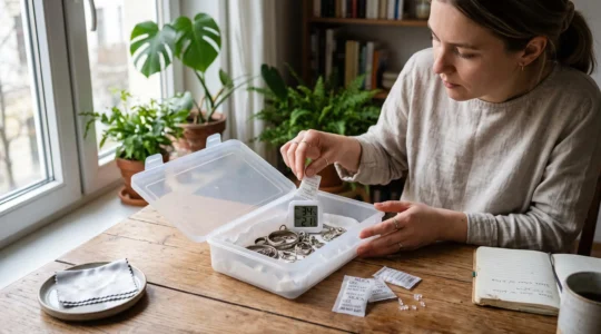 Hands placing a silica gel packet into a jewelry storage box equipped with a digital hygrometer and silver pieces.