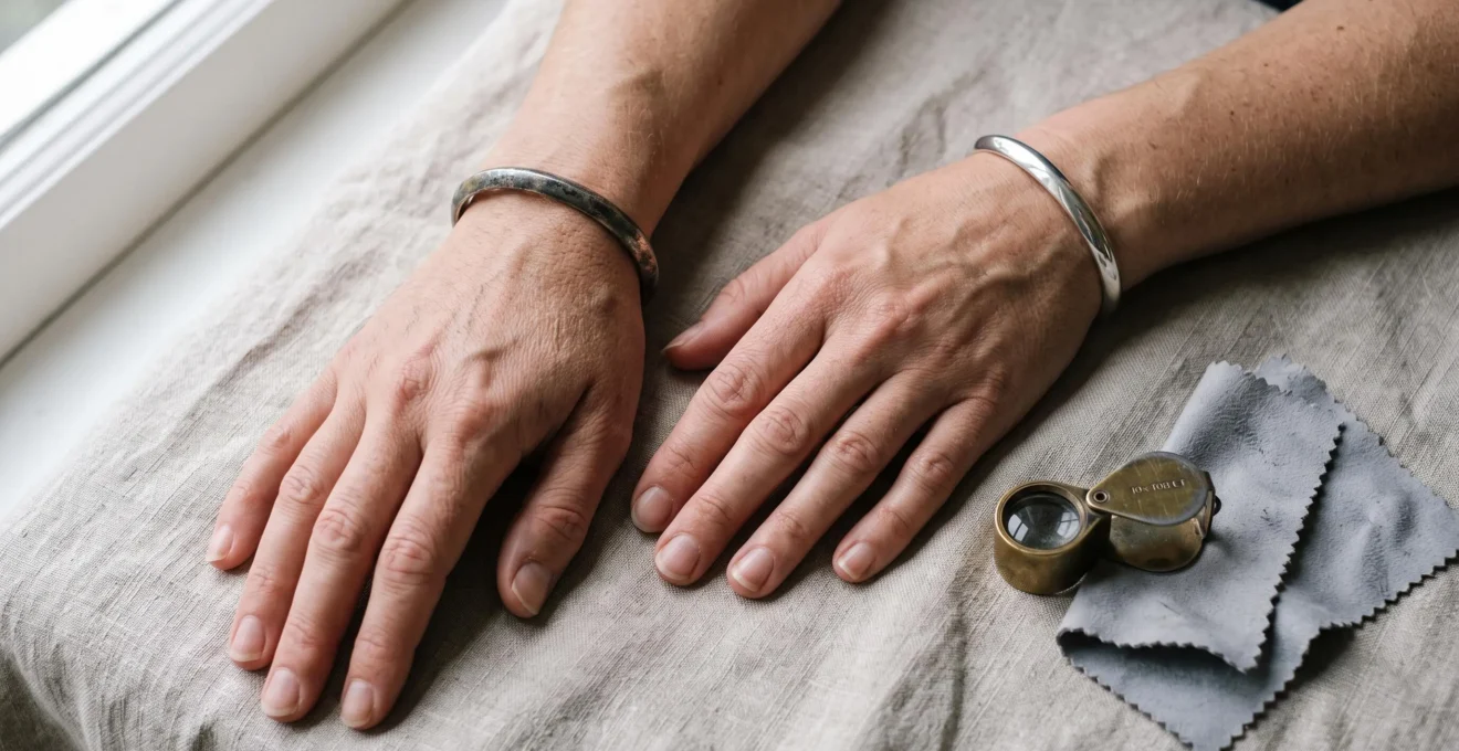Two wrists wearing the same style of silver bangle, one tarnished dark and one still bright, showing how silver reacts differently on different skin.