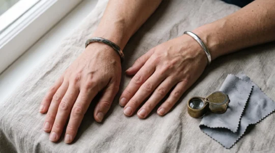Two wrists wearing the same style of silver bangle, one tarnished dark and one still bright, showing how silver reacts differently on different skin.
