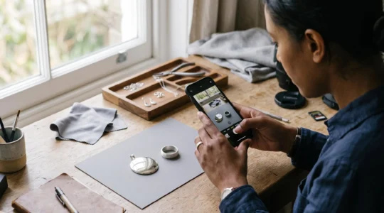 Two silver pieces, one mirror-polished and one matte, photographed side by side on a desk to compare how each finish reflects light.