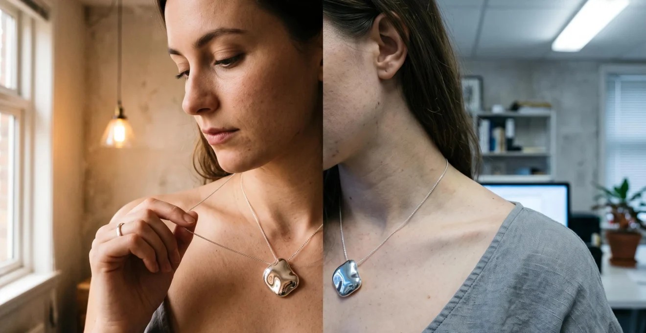 A woman wearing the same silver pendant necklace under warm window light on one side and cool fluorescent light on the other.