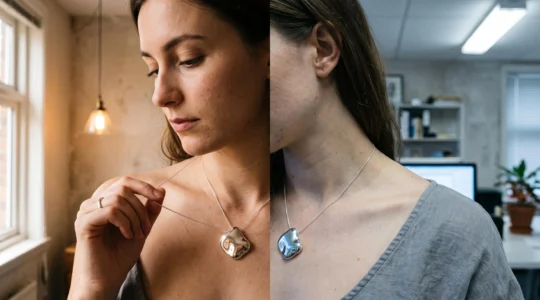 A woman wearing the same silver pendant necklace under warm window light on one side and cool fluorescent light on the other.