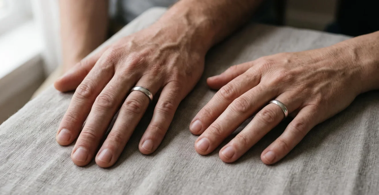 Two hands side by side wearing silver rings on opposite ring fingers, one on the left hand and one on the right hand.