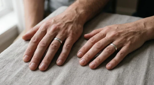 Two hands side by side wearing silver rings on opposite ring fingers, one on the left hand and one on the right hand.
