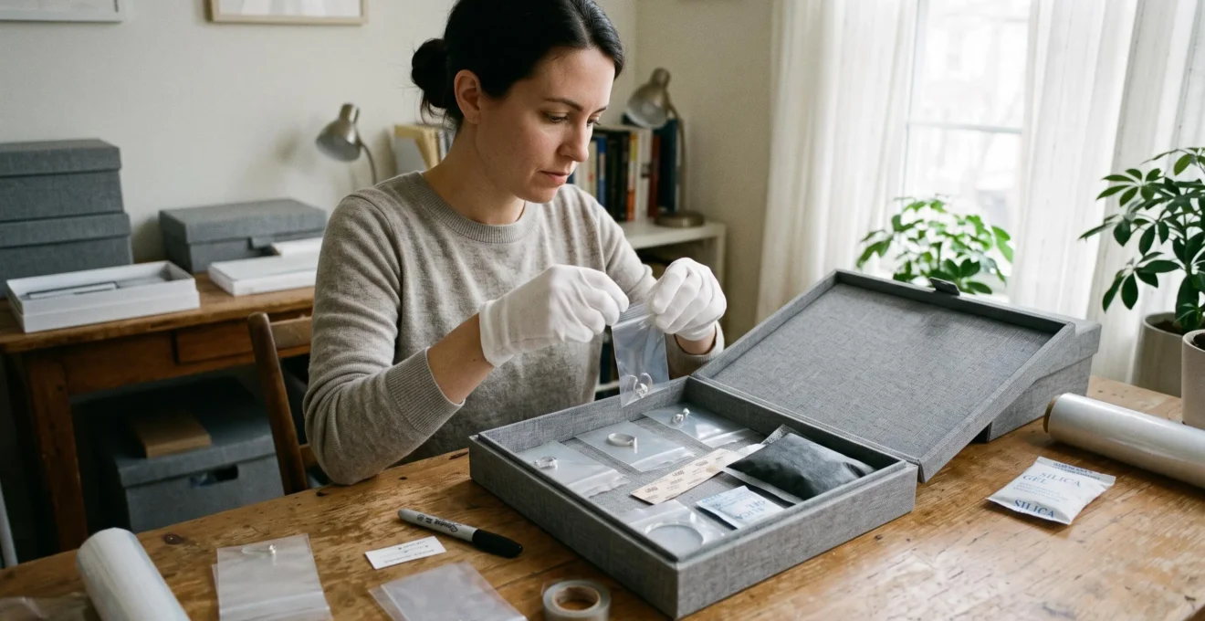 A person wearing cotton gloves places a silver piece into a small storage pouch beside silica gel and anti-tarnish strips on a home work table.