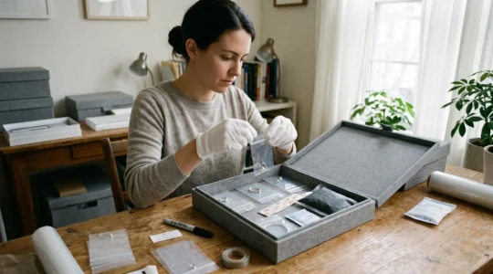 A person wearing cotton gloves places a silver piece into a small storage pouch beside silica gel and anti-tarnish strips on a home work table.