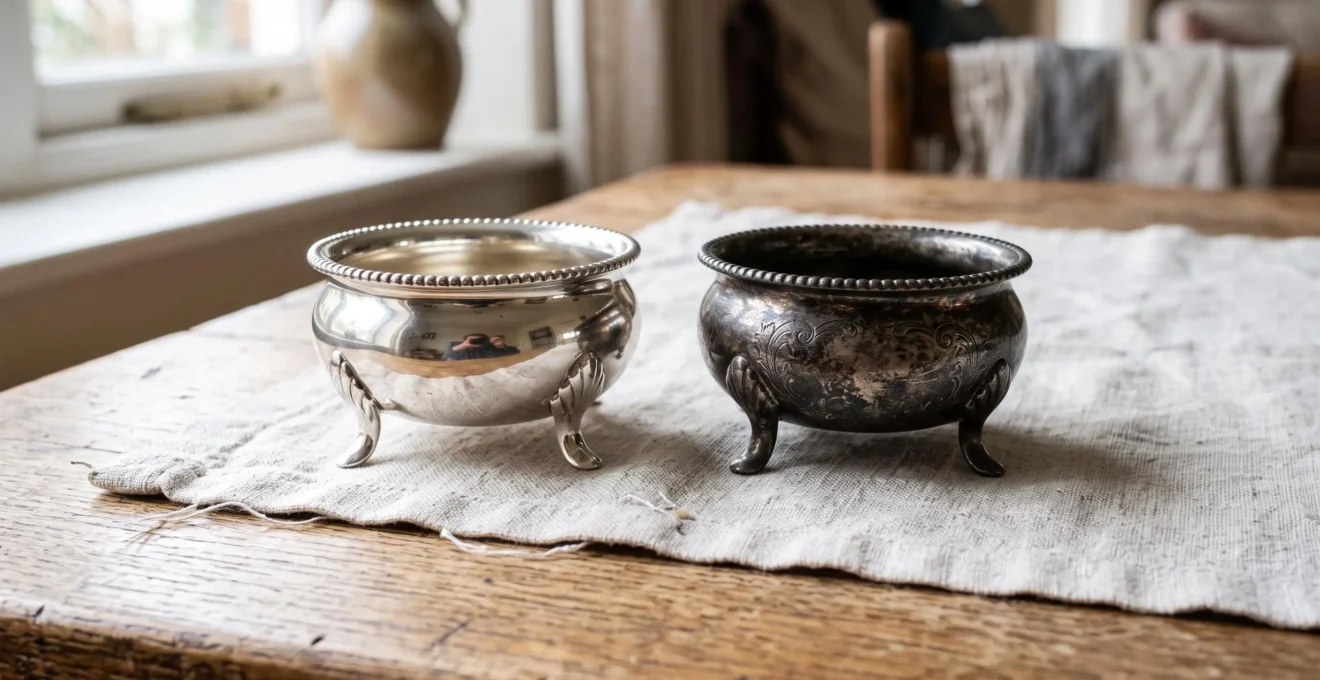 Two identical silver pieces on a cloth, one polished bright and one blackened by tarnish.