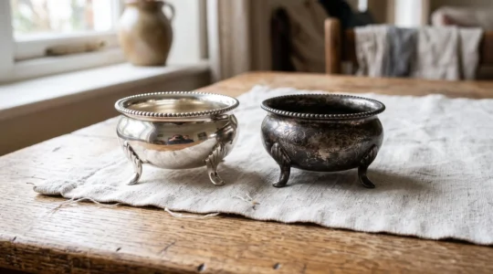 Two identical silver pieces on a cloth, one polished bright and one blackened by tarnish.