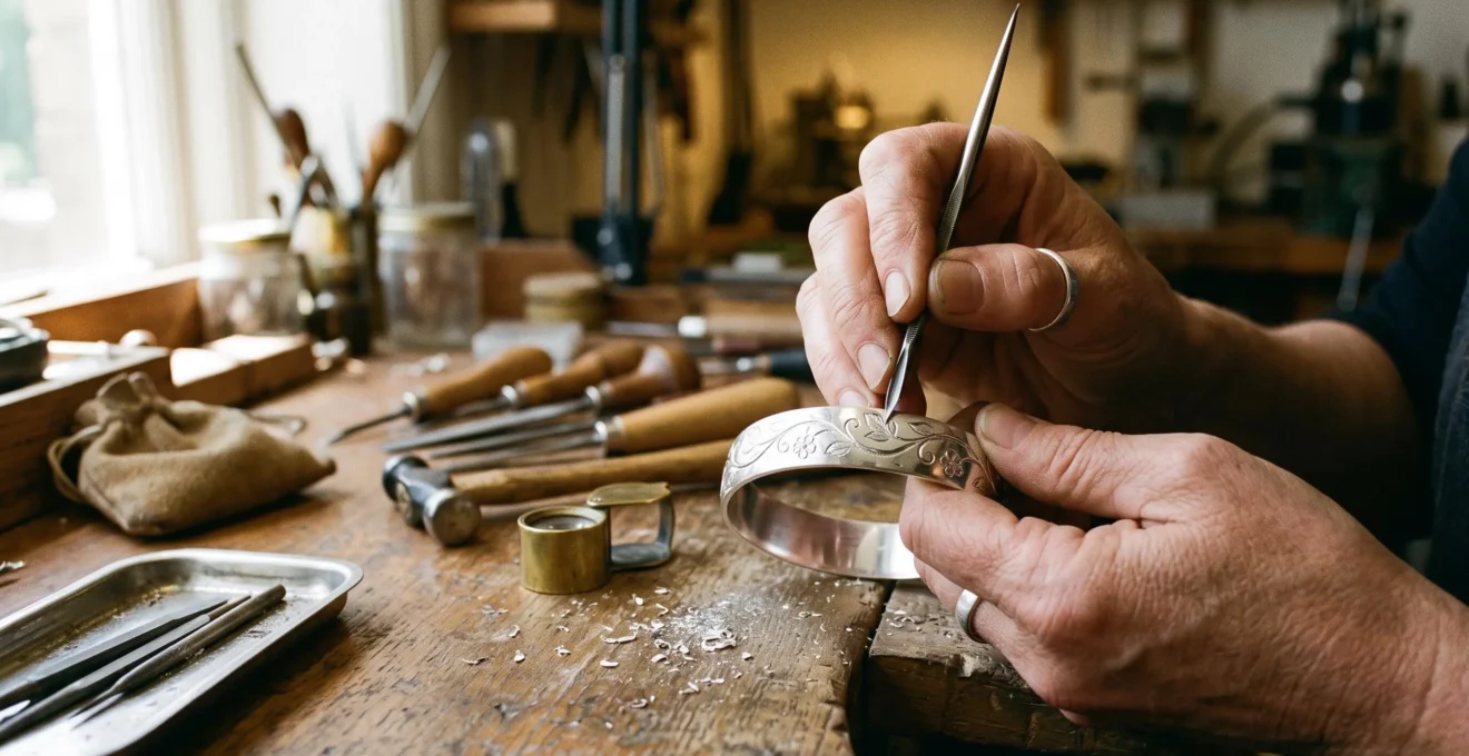 A silversmith engraving a winding vine motif into a silver bangle at a jewelry workbench.