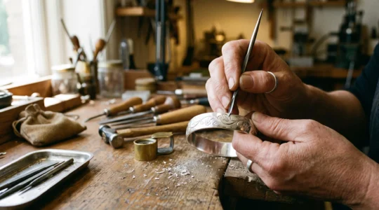 A silversmith engraving a winding vine motif into a silver bangle at a jewelry workbench.