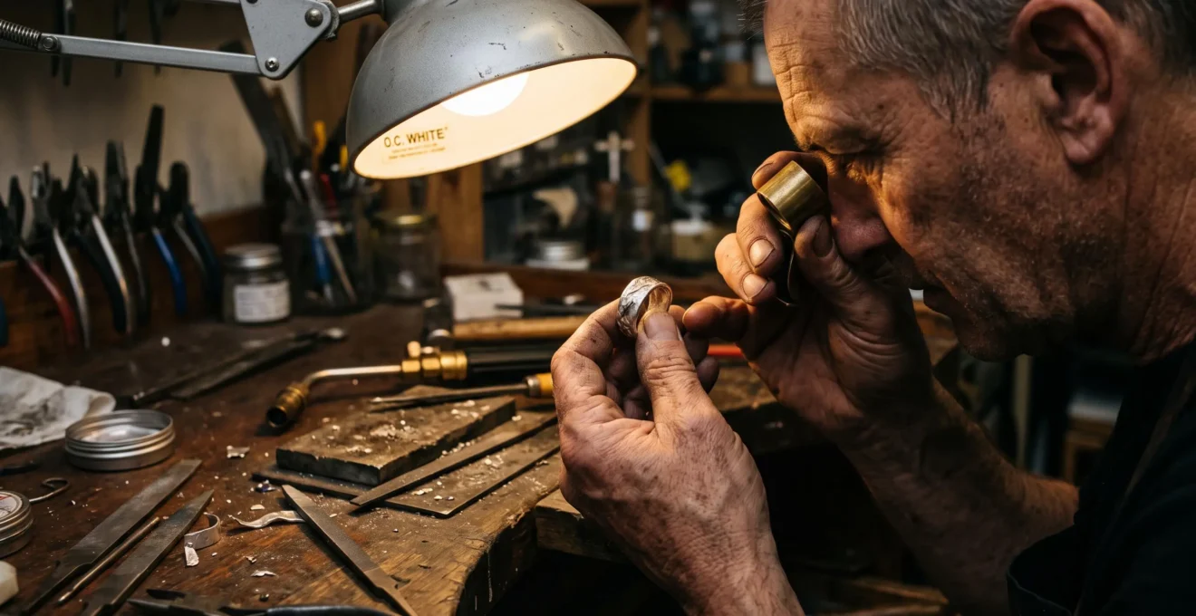 A silversmith examining a finished silver ring with a loupe under a work lamp at a used jeweler's bench.