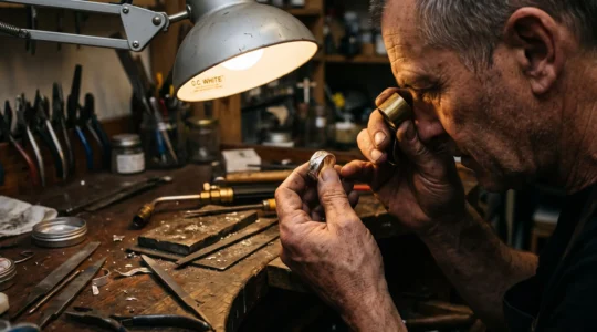 A silversmith examining a finished silver ring with a loupe under a work lamp at a used jeweler's bench.
