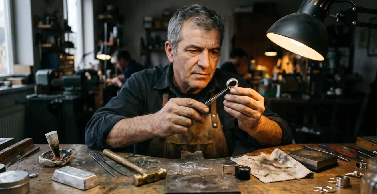 A silversmith examines a finished sterling silver ring under a bench lamp on a wooden jewelry workbench surrounded by tools.