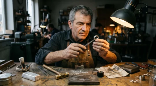 A silversmith examines a finished sterling silver ring under a bench lamp on a wooden jewelry workbench surrounded by tools.