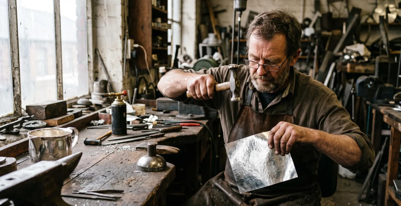 A silversmith hammering a silver sheet over a steel stake at a workshop bench, with hand tools and a partly formed silver vessel nearby.