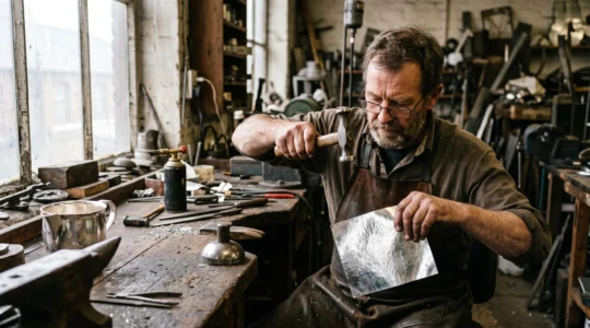 A silversmith hammering a silver sheet over a steel stake at a workshop bench, with hand tools and a partly formed silver vessel nearby.