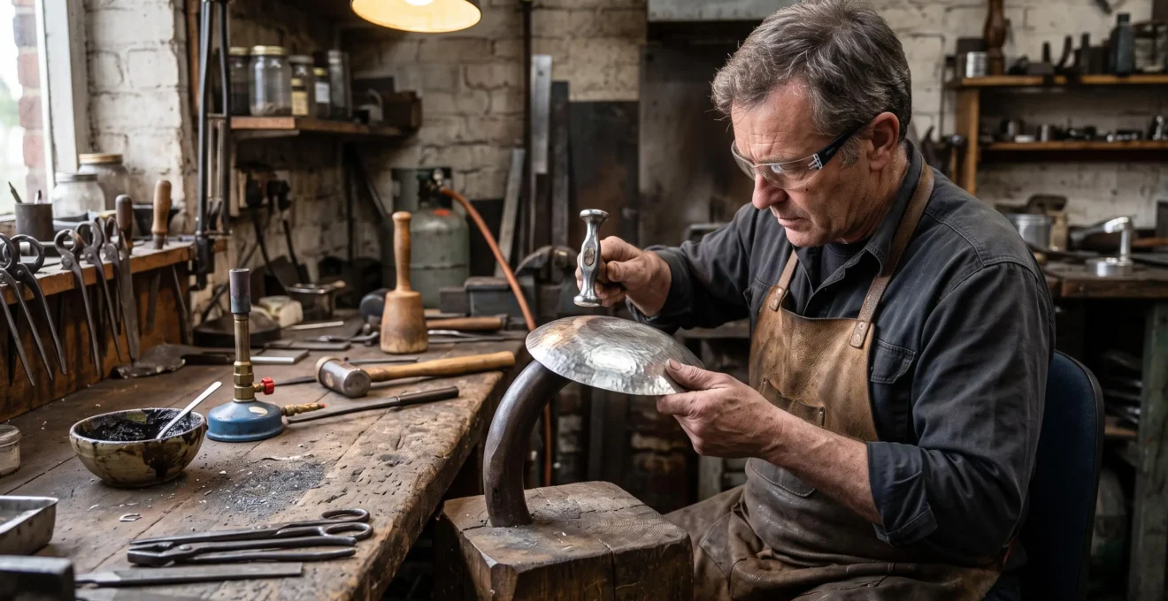 A silversmith hammers a silver vessel over a raising stake at a workbench in a workshop.