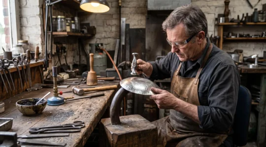 A silversmith hammers a silver vessel over a raising stake at a workbench in a workshop.