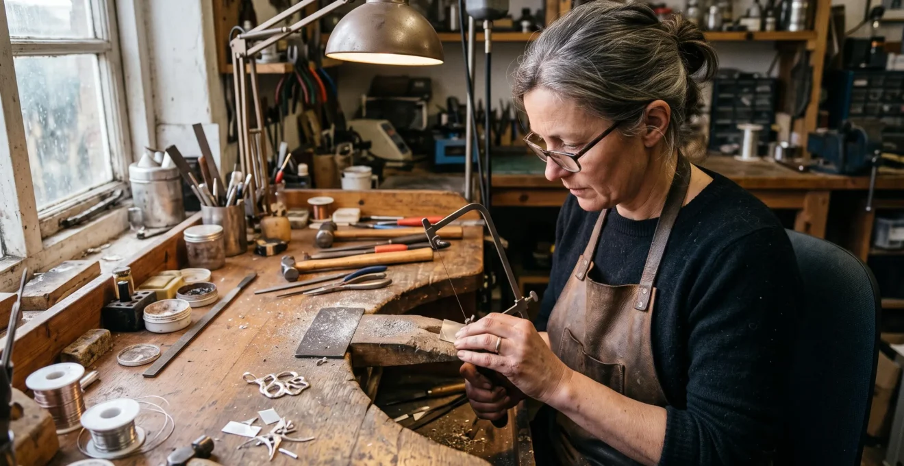 A silversmith sawing a sterling silver sheet at a jeweller's bench covered with tools and silver filings in a small workshop.