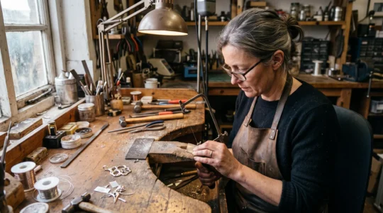 A silversmith sawing a sterling silver sheet at a jeweller's bench covered with tools and silver filings in a small workshop.