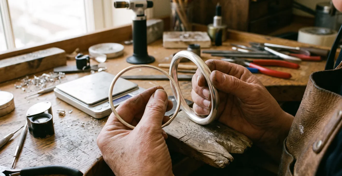 A jeweler comparing a heavy solid-cast silver bangle with a thin-walled hollow bangle on a workbench.