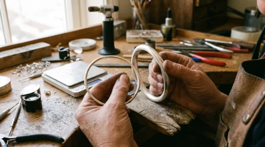 A jeweler comparing a heavy solid-cast silver bangle with a thin-walled hollow bangle on a workbench.