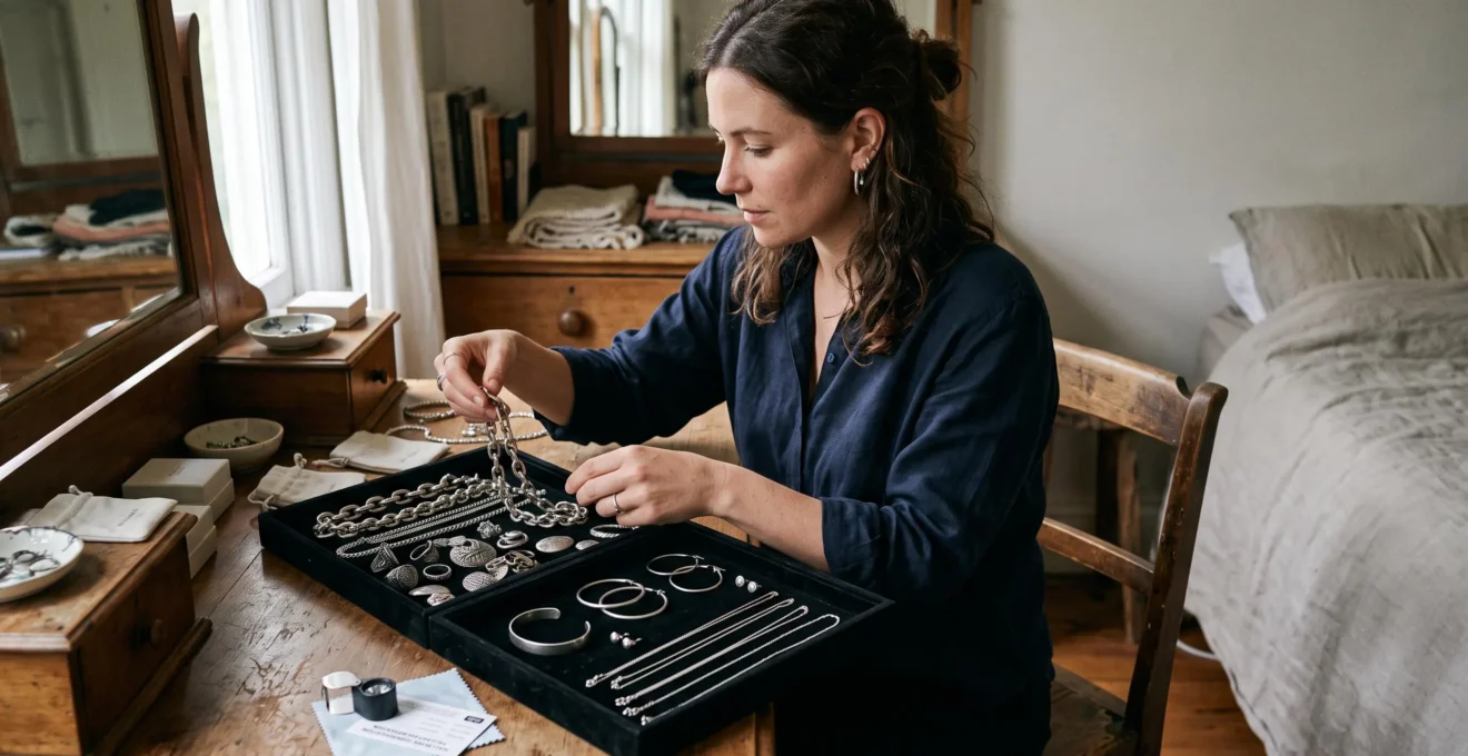A woman sorting her silver jewelry into two trays, separating bold trend pieces from simple classic sterling staples on a wooden dressing table.