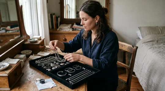 A woman sorting her silver jewelry into two trays, separating bold trend pieces from simple classic sterling staples on a wooden dressing table.