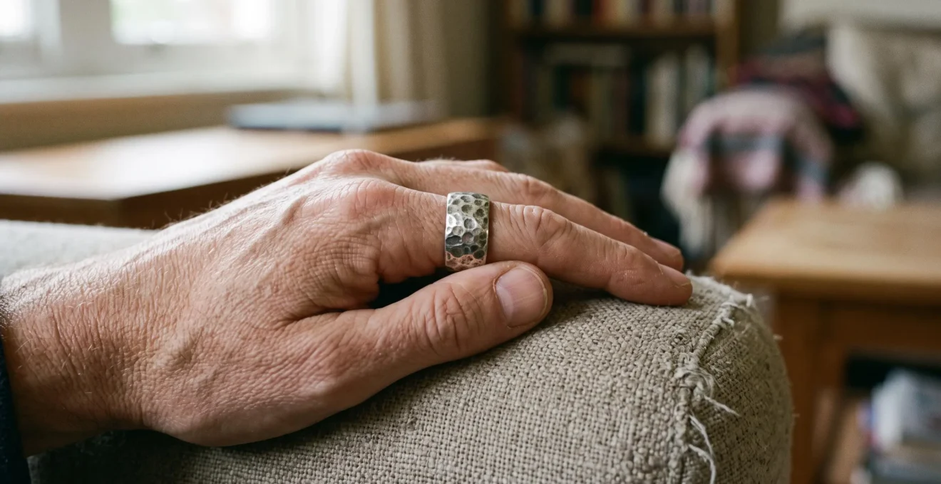 A hand with a hammered silver ring, the thumb tracing the textured facets in a natural fidgeting gesture.