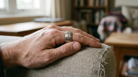A hand with a hammered silver ring, the thumb tracing the textured facets in a natural fidgeting gesture.