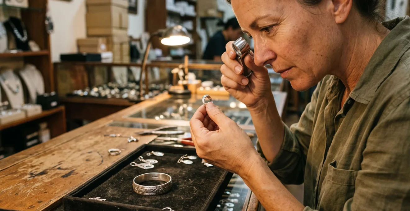 A traveler examines the hallmark stamp inside a silver ring with a jeweler's loupe at a jewelry shop counter.