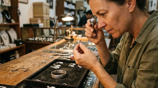A traveler examines the hallmark stamp inside a silver ring with a jeweler's loupe at a jewelry shop counter.
