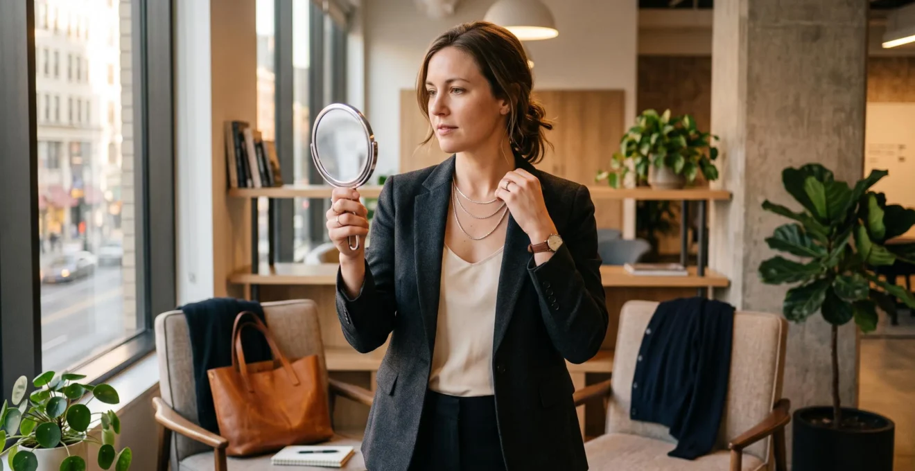 A woman in an office blazer adjusts layered silver necklaces in a hand mirror at the end of the workday.