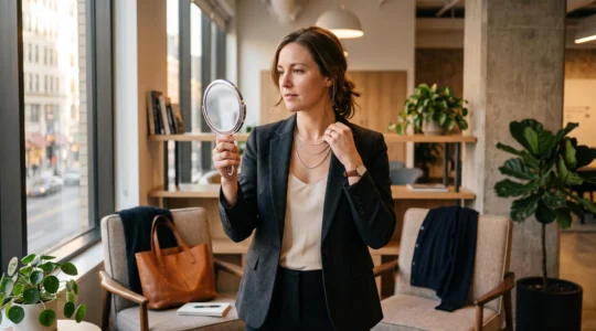 A woman in an office blazer adjusts layered silver necklaces in a hand mirror at the end of the workday.
