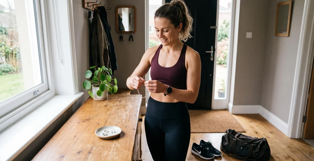 A woman fastening a silver bracelet at her wrist by the front door, with removed rings and earrings resting in a jewelry tray beside her gym bag.