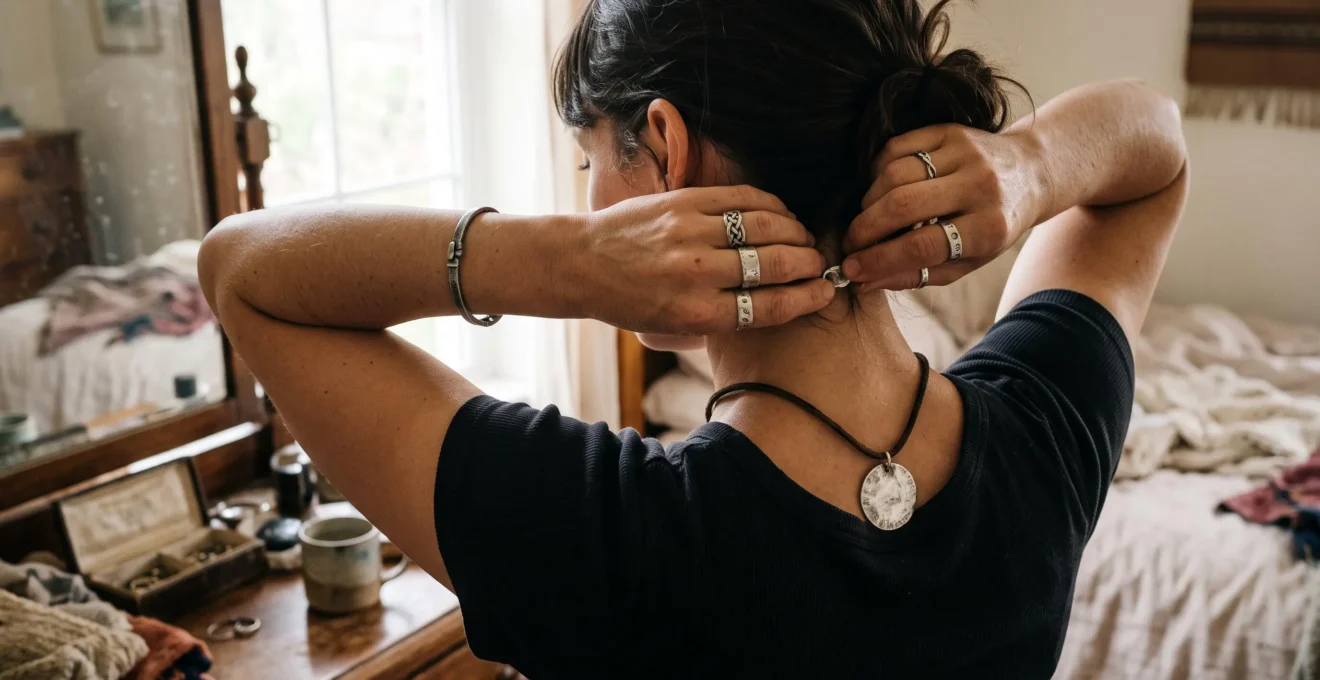 A woman fastens a sterling silver pendant on a cord while wearing several silver rings and a bracelet in front of a mirror.