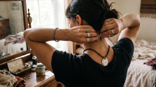 A woman fastens a sterling silver pendant on a cord while wearing several silver rings and a bracelet in front of a mirror.