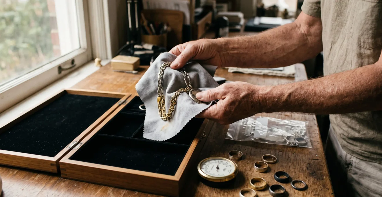 Hands wrapping a tarnished silver necklace in a protective storage cloth beside other silver pieces at various stages of discoloration.