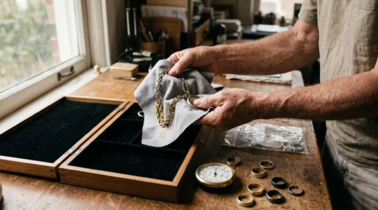 Hands wrapping a tarnished silver necklace in a protective storage cloth beside other silver pieces at various stages of discoloration.
